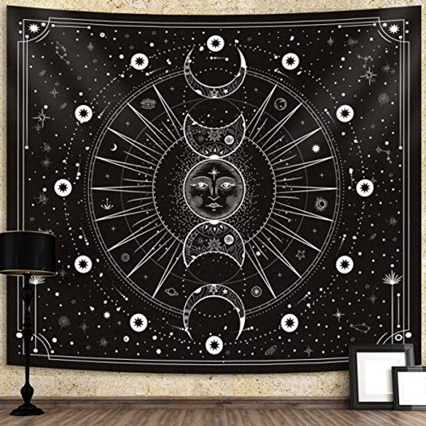 Sun Moon Tapestry Wall Hanging Stars Space Psychedelic Black and White Wall Tapestry Wall Tapestry for Bedroom Home Wall Décor (Mysterious Black, 59.1x59.1Inches, 150x150cm)