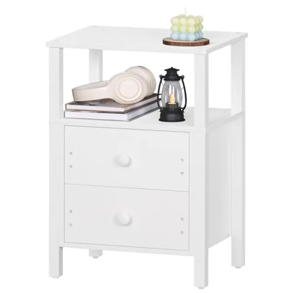 Lerliuo White Night Stand, Small Nightstand with 2 Wood Drawers and Storage Shelf, Modern Bedside Table with Wooden Frame, Rustic Couch Nightstand for Small Spaces, Narrow End Tables for Bedroom