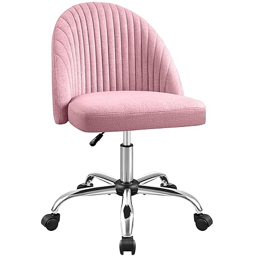 Furniwell Office Chair Armless Cute Desk Chair Modern Adjustable Swivel Padded Fabric Vanity Task Computer Chair Home Office Desk Chairs with Wheels (Pink) - Pink