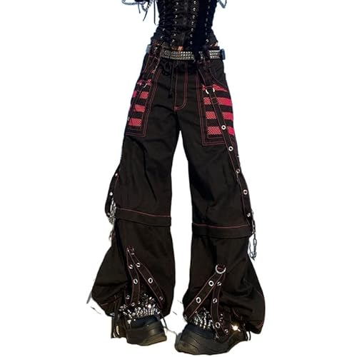 Women Y2k Pants Goth Punk Emo Pants Baggy Bell Bottom Jeans Y2k Wide Leg Jeans Harajuku Grunge Pants Hip Hop Clothes - Small - Black-e