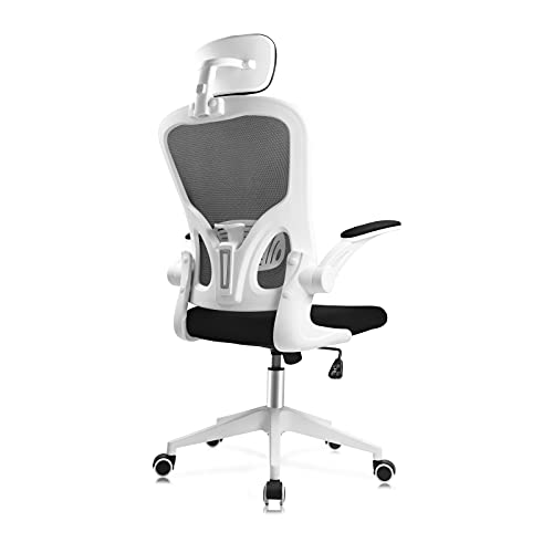 JAJALUYA Office Chair Mesh Computer Chair with Adjustable Headrest and Lumbar Support Desk Chair Ergonomic Office Chair with Flip-up Armrest for Home Office Study (White) - White