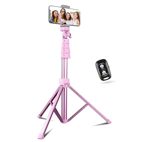 Sensyne 62" Phone Tripod & Selfie Stick, Extendable Cell Phone Tripod Stand with Wireless Remote and Phone Holder, Compatible with iPhone Android Phone, Camera - 62-inch - Pink
