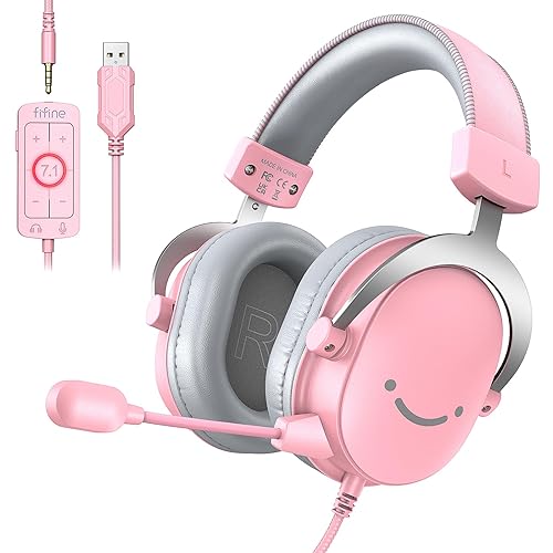 FIFINE USB Gaming Headset, PC Over-Ear Wired Streaming Headset with 3.5mm Jack, Detachable Microphone, 7.1 Surround Sound, Control Box, Passive Noise Cancellation, for PS5/Xbox/Switch-H9 Pink - Pink