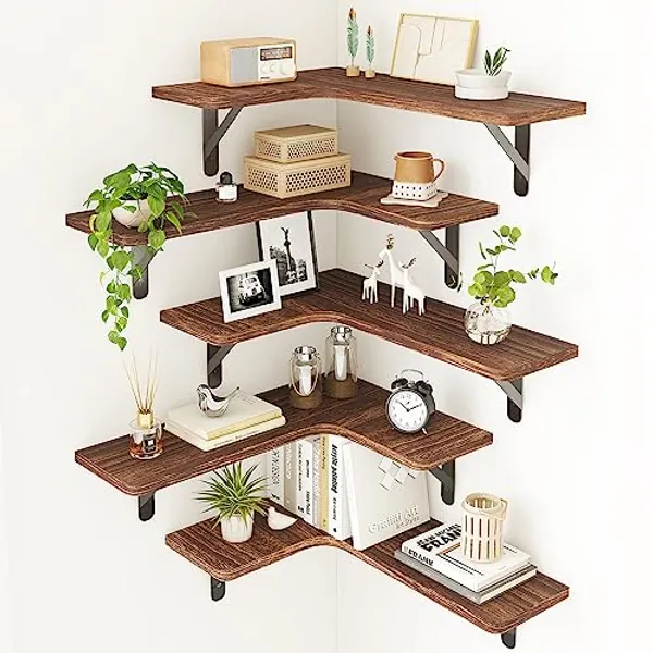 Fixwal Corner Floating Shelves, Rustic Wood Wall Shelves for Bathroom, Kitchen, Bedroom or Living Room (Dark Carbonized Black)