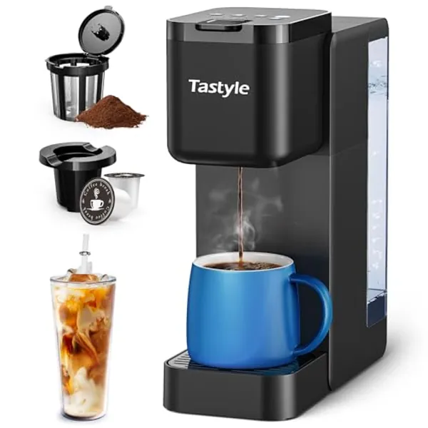 Tastyle Single Serve Coffee Maker, Iced and Hot Coffee Brewer for K Cup & Ground Coffee, with Removable 40 oz. Water Reservoir, 6 to 24 oz. Brew Sizes, Includes Bold & Descale Settings, Black