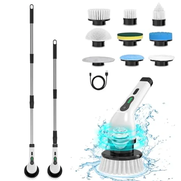 LEENPEKER Electric Spin Scrubber, Adjustable Cordless Power Bathroom Scrubber, IPX7 Extension Arm, 9 Brush Heads 3 Speeds 150mins Work Time for Cleaning Shower Bathroom, Kitchen, Tub, Floor and Tile
