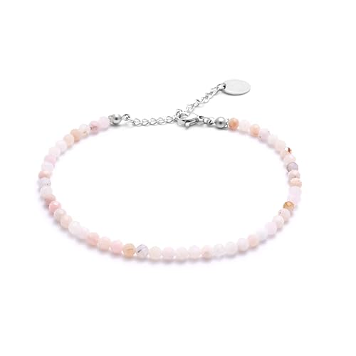 BERGERLIN Perlen Fußkettchen für Damen - Fuß Perlenkette mit Echtheitszertifizierung - Echte Naturstein Fußkette mit 925 Sterling Silber oder vergoldetem Verschluss - 925 Silber - XS-S - Pink Opal