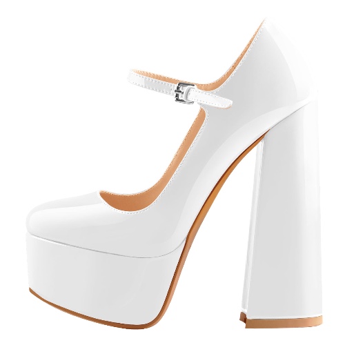 Platform Pointed Toe Chunky Square High Heels Pumps | White / US12