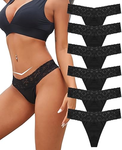 BeReady Baumwolle String Tanga Damen Spitze Unterhosen Frauen V-Waist Atmungsaktiv Unterhosen Damen Baumwolle Mehrpack - M - Schwarz