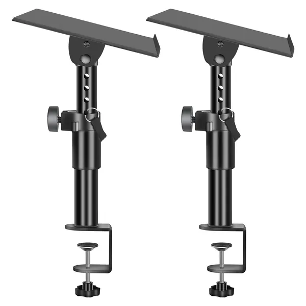 OUKMIC Clamp On Desktop Speaker Stand Holder Pair, Heavy Duty Audio Studio Monitor Stands Riser Tilt Height Adjustable, Universal Desk Mount Shelf Tray for Subwoofer Surround Sound Bookshelf Laptop - Pair