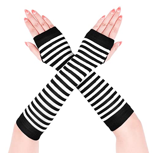 Lange Armwärmer Gestreift Fingerlose Handschuhe für Frauen - Schwarz und Weiß