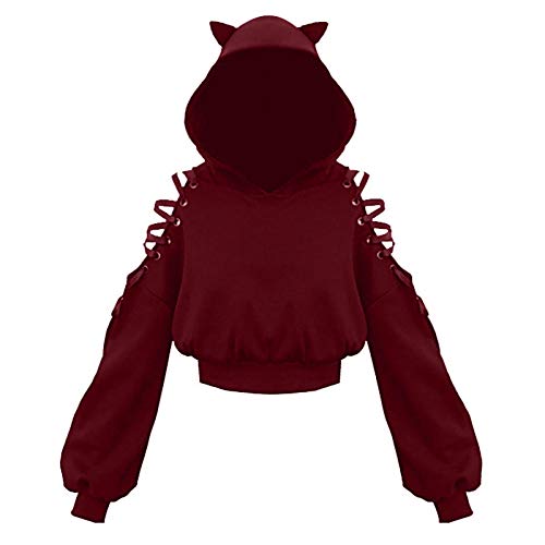 Didadihu Damen Cat Ears Black Hoodie Langarm Kapuzenpullover Sweatshirt Hollow Out Gothic Tops Bluse - S - 02-wein