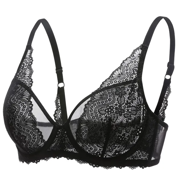 DOBREVA Women's Sexy Lace Bra See Through Minimizer Bras Plus Size Sheer Underwire - 40D Black