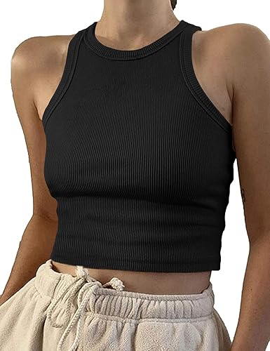 Artfish Women Casual Basic Sleeveless High Neck Rib-Knit Y2k Crop Tank Top - Medium - 01#black