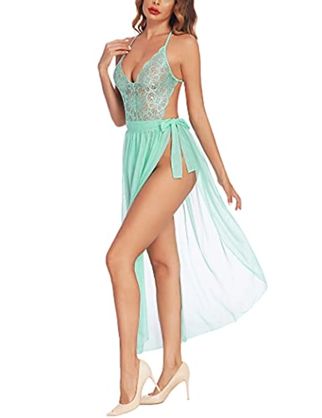 Avidlove Women One Piece Lingerie Deep V Lace Bodysuit Mosaic Lace Teddy Mesh Skirt