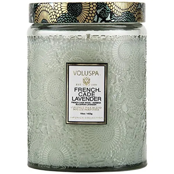 Voluspa French Cade and Lavender Large Embossed Glass Jar Candle, 16 Ounces