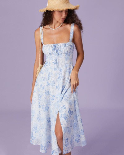 The Blue Square Neck Floral Ruched Midi Dress | Blue / S
