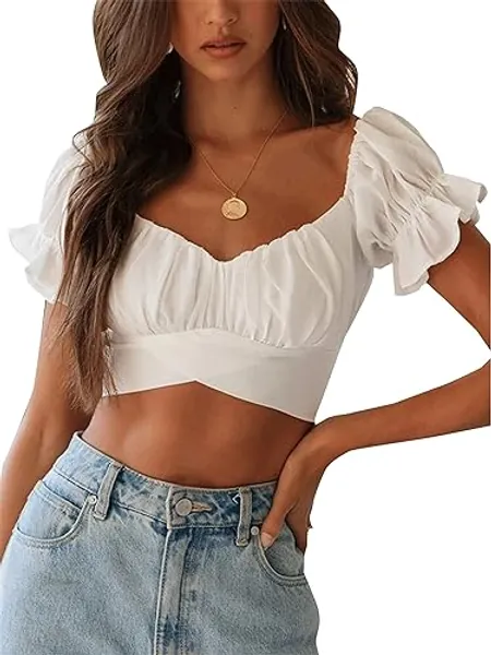 LYANER Women's Ruffle Short Sleeve Tie Up Back Crop Top Off Shoulder Bardot Blouse - Small - White