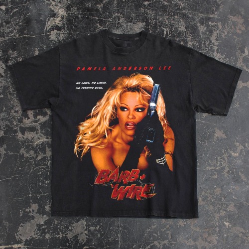 VINTAGE PAMELA ANDERSON 'BARB WIRE' 1996 BLACK T-SHIRT | BLACK / S