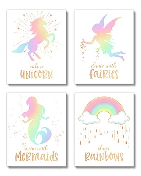 Brooke & Vine Unicorn Rainbow Fairy Mermaid Girls Room Wall Decor Art Prints - (UNFRAMED 8 x 10) - Inspirational Kids Children’s Posters, Birthday Party, Bedroom, Bathroom, Playroom (Magical Friends)