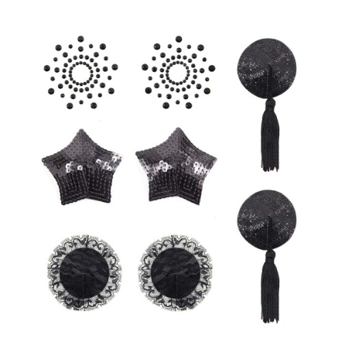 Breast Paste Self Adhesive Pasties Sequin Nipple Cover Stickers with Tassel Lingerie Breast Petal Pasty 4 Styles -Black(Black)(Size: One Size)