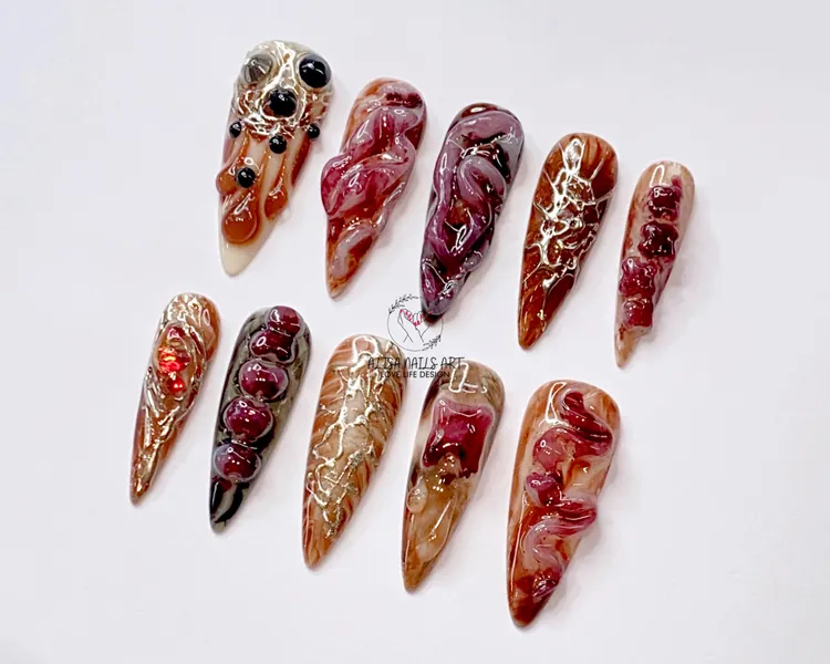 Hand-painted Devilish Ribs Press On Nails, Ghostly Teeth Nail Set, Trendy Halloween Fake Nails, Spooky Nails, Unique Gift for Halloween Day.