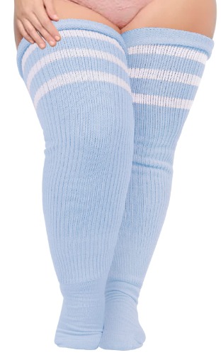 Plus Size Womens Thigh High Socks for Thick Thighs- Extra Long Striped Thick Over the Knee Stockings- Leg Warmer Boot Socks - Baby Blue & White