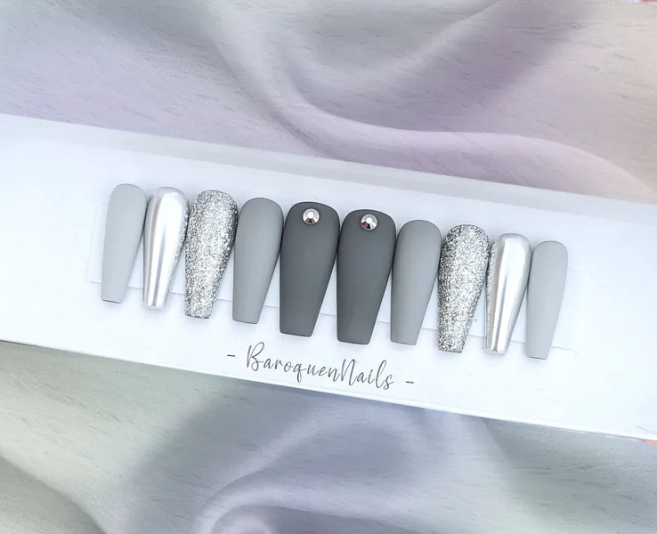 Mirror Effect Nails Gray Ombre Press On Nails, Silver Chrome Press-Ons, Gradient Nail Art, Glitter Gel Fake Nails Luxe Reusable Mani • SLICK