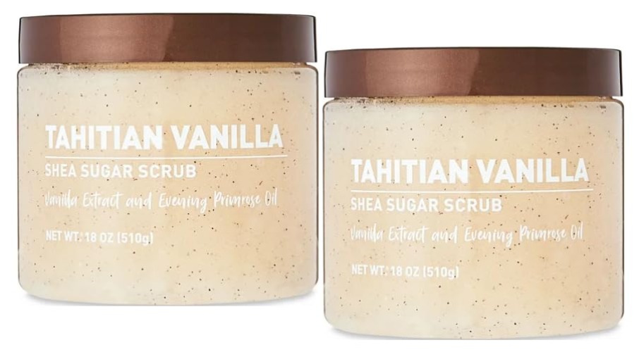 Shea Sugar Scrub, 18 oz ea. container, with, Ultra Hydrating and Exfoliating Scrub for Nourishing Essential Body Care + King Combo QR Code (Tahitian Vanilla (2 count)) - Tahitian Vanilla (2 count)