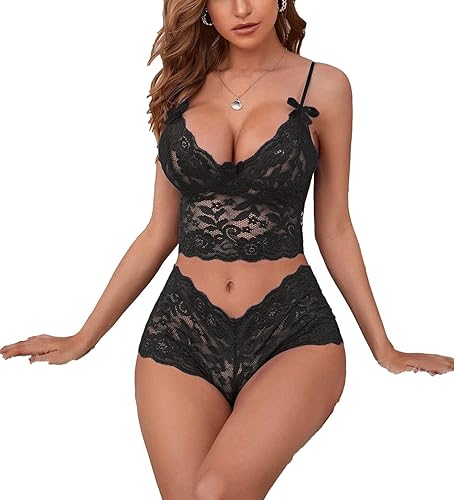 Lilosy Sexy Sheer Floral Lace Pajamas Lingerie Set High Waist Sleepwear Bra and Panty 2 Piece Nightwear - Bow - X-Large (D cup) - Black