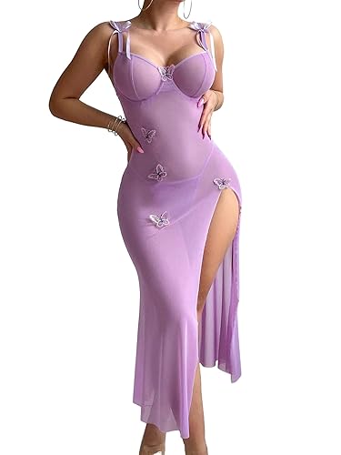 Foxiny Sexy Butterfly Split Leg Underwire Sheer Mesh Maxi Lingerie Dress with Thong 2 Piece - XX-Large - Purple