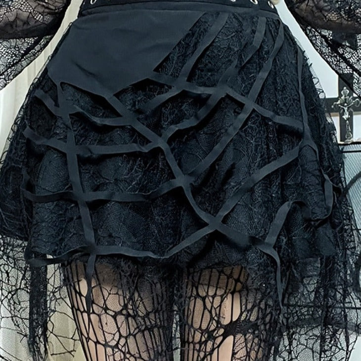 Spider Web Mesh Tassel Skirt - black