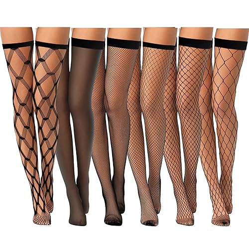Janmercy 6 Pairs Women Thigh High Fishnet Stockings with Top Elastic Band Sheer Stockings Over the Knee Pantyhose Hosiery - Black - Large