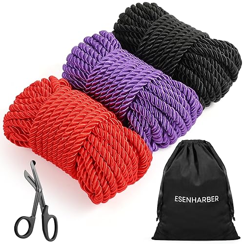 Shibari Rope, Japanese Rope Kit for Beginners and Experienced Riggers, Soft Ropes with Shears for Simple and Complex Knots, Set of Three 30 Ft 8mm Braided Ropes, 1 Safety Shears and 1 Storage Bag