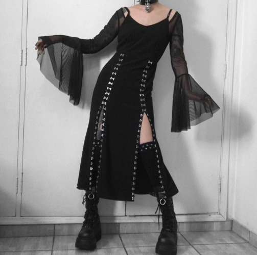 'Redemption' Black Grunge Alt Eyelet Dress - red / L