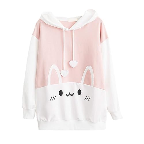 Packitcute Bunny Hoodie Kawaii Print Loose Casual Pullover Hoodie Tops - Large - White