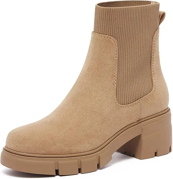 REDTOP Women's Elastic Chelsea Boots Chunky Block Heel Platform Lug Sole Ankle Booties - 8.5 Beige Suede