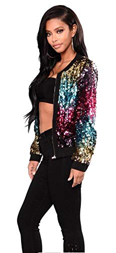 Top Fashion18 Ladies Sequin GlitterMulti Coloured Metallic Summer Festival Party Bomber Jacket Size 8-18 - Multicolor - 12-14