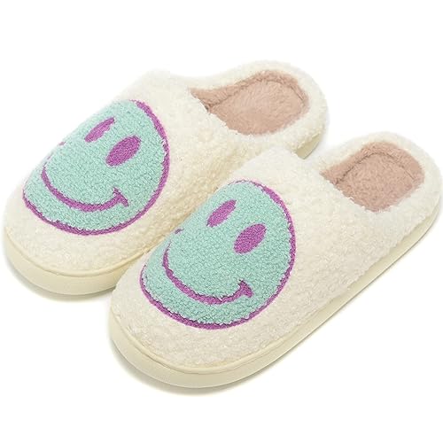 Retro Fuzzy Face Slippers for Women Men, Retro Soft Fluffy Warm Home Non-Slip Couple Style Casual Smile Face Slippers Indoor Outdoor Anti-Skid Warm Cozy Foam Slide Fuzzy Slides with Soft Memory Foam Shoes - 6.5-7.5 Women/7-8 Men - Purple