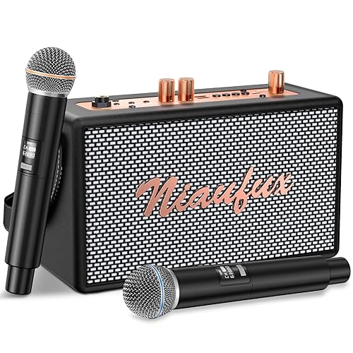 Retro Karaoke Machine with Two Wireless Microphones, Portable Bluetooth Speaker for Adults and Kids, Rechargeable PA System for Home Party, AUX/USB/TF/OTG Support, Vintage Decor Gifts - Black