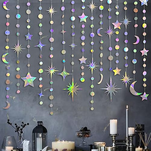 Iridescent Star Moon Circle Dot Garland Party Decoration Kit Hanging Crescent and Twinkle Little Star Streamer Bunting Banner for Kids First Birthday Ramadan EID Mubarak Baby Shower Wedding Decor