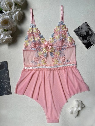 Fancy Mesh Skirt Lingerie Set - Pink / L