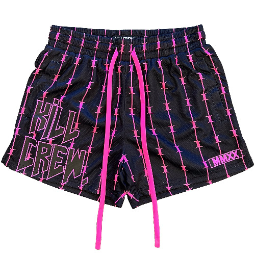 BARBWIRE MUAY THAI SHORTS (MID THIGH CUT) - BLACK / PINK | XS (24-26)