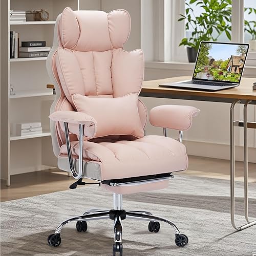 Efomao Desk Office Chair Big High Back Chair PU Leather Computer Chair Executive Swivel Chair with Lumbar SupportPU Leather Office Chair (Light Pink) - Light Pink
