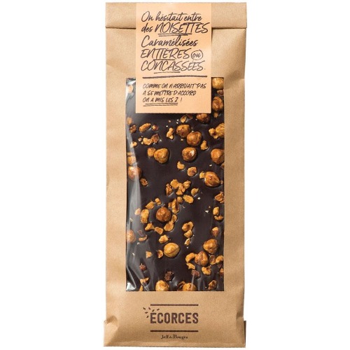 Extra bitter dark chocolate slab with caramelized hazelnuts