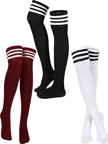 SATINIOR 3 Pairs Knee High Socks Thigh High Socks Triple Stripe over the Knee Socks Long Opaque Thigh Stockings - One Size - Black, Wine Red, White