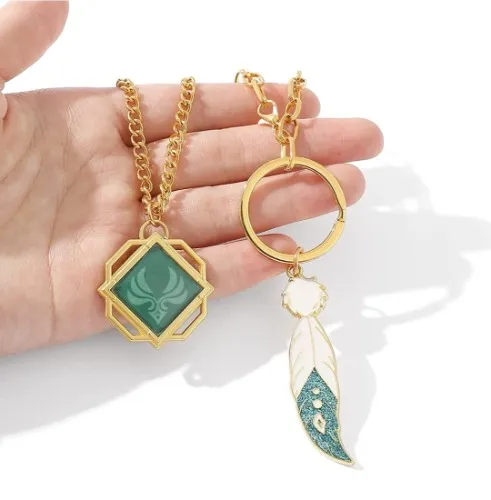 Genshin Impact Vision Pendant Necklaces, Gold Luminous Anemo Charm Feather Layered Chain Choker Necklace for Women Men Cosplay Accessories (Genshin Impact A): Clothing, Shoes & Jewelry