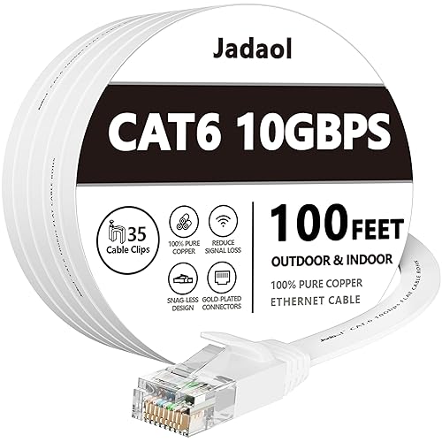 Cat 6 Ethernet Cable 100 ft, Outdoor&Indoor, 10Gbps Support Cat8 Cat7 Network, long Flat Internet LAN Patch Cord, Cat6 Solid Fast Speed weatherproof Cable for Router, Modem, PS4/5, Xbox, Gaming, White - 100ft - Flat - White
