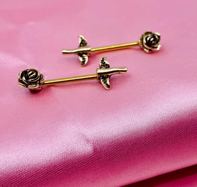 Pair of 14G Antique Gold Rose Flower Stem Nipple Barbells. Nipple Jewelry. Nipple Piercing.