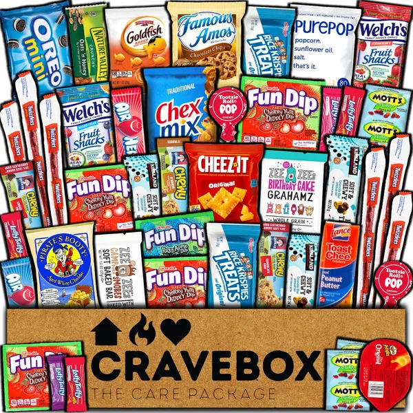 CRAVEBOX Snack Box Variety Pack Care Package (45 Count) Finals Gift Basket Stuffers Kids Teens Grandchildren Men Women Adults Candy Food Cookies Chips Arrangement Mix College Student Sampler Office - 45 Count (Pack of 1)